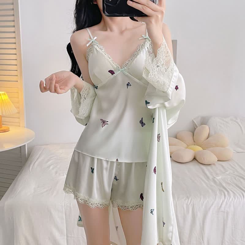 Butterfly Silky Lace Trim Cami Pajama Set
