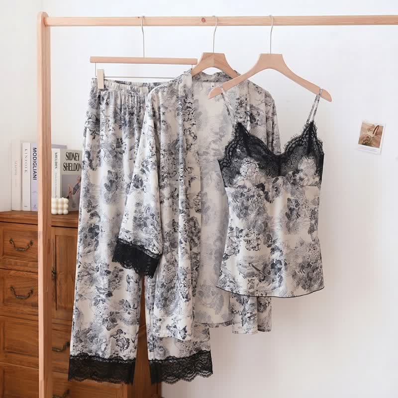 Elegant Black Floral Lace Camisole Robe Set(3PCS)