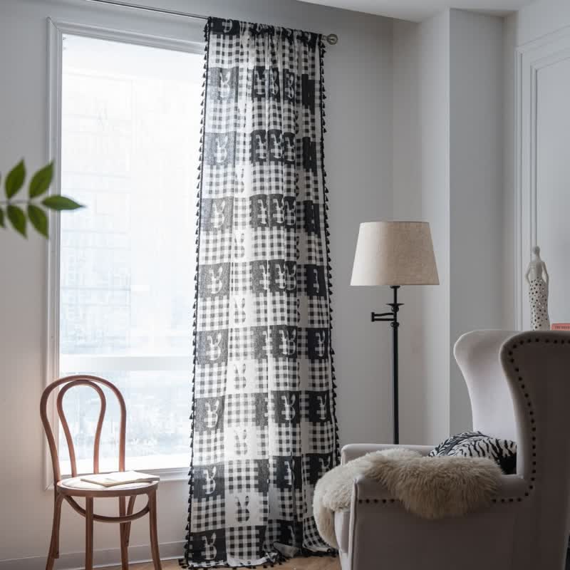 Rustic Bunny & Plaid Curtain with Tassel