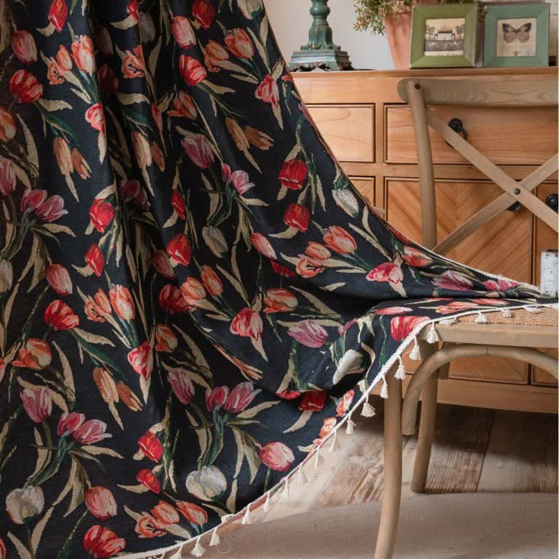 Tulip Floral Jacquard Curtain with Tassel