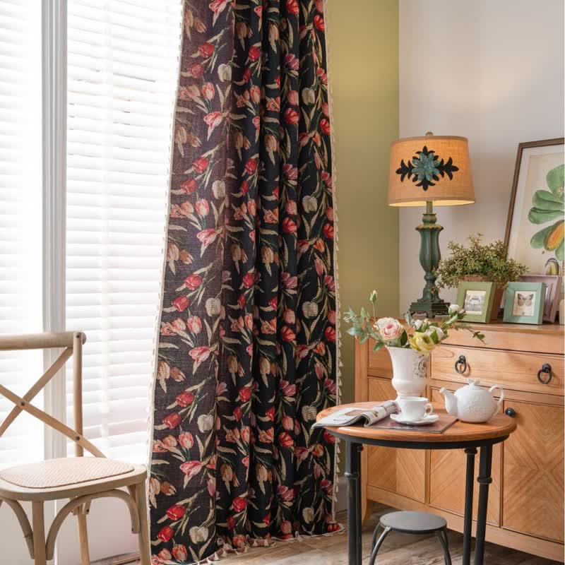 Tulip Floral Jacquard Curtain with Tassel