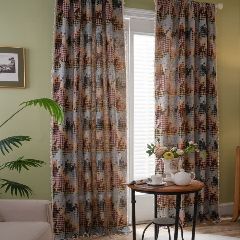 Colorful Houndstooth Jacquard Curtain with Tassel