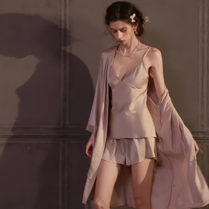 Solid Color Silky Cami Pajama Set(3PCS)