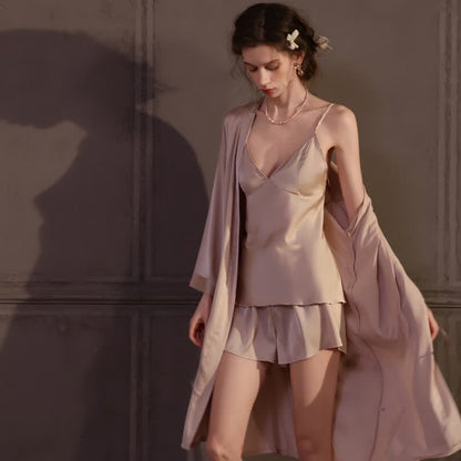 Solid Color Silky Cami Pajama Set(3PCS)