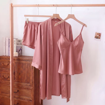 Solid Color Silky Cami Pajama Set(3PCS)
