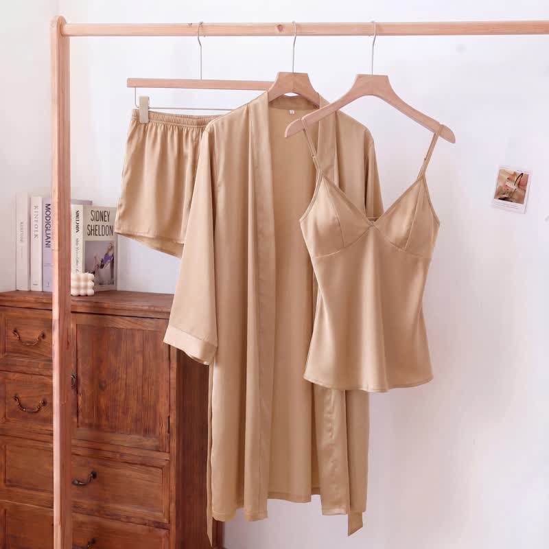Solid Color Silky Cami Pajama Set(3PCS)