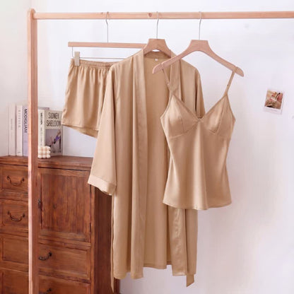 Solid Color Silky Cami Pajama Set(3PCS)