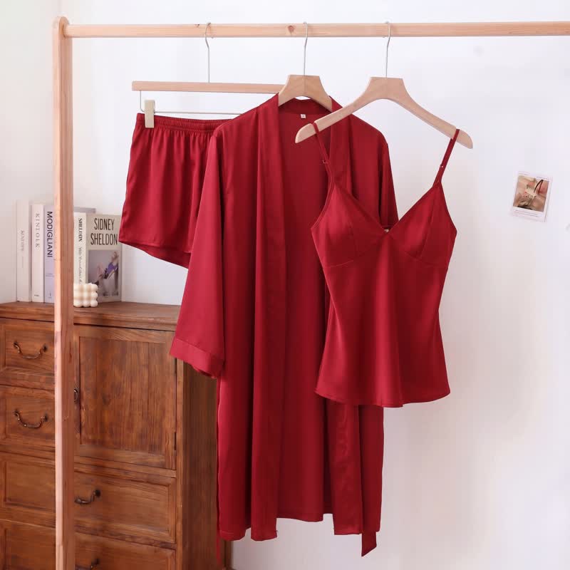 Solid Color Silky Cami Pajama Set(3PCS)