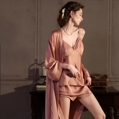 Solid Color Silky Cami Pajama Set(3PCS)