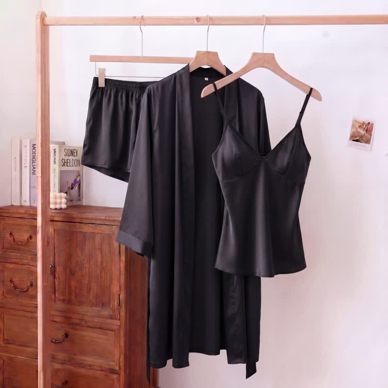 Solid Color Silky Cami Pajama Set(3PCS)