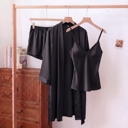 Solid Color Silky Cami Pajama Set(3PCS)