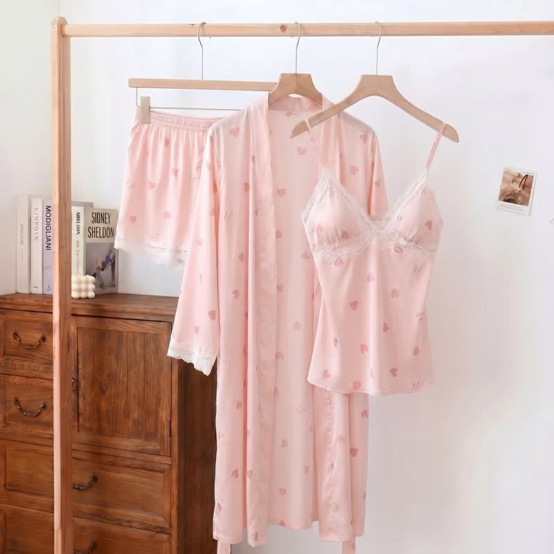 Heart & Bow Lace Trim Cami Pajama Set(3PCS)