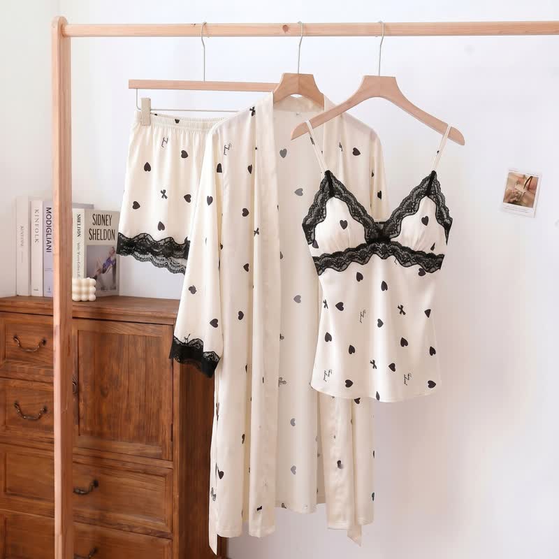 Heart & Bow Lace Trim Cami Pajama Set(3PCS)