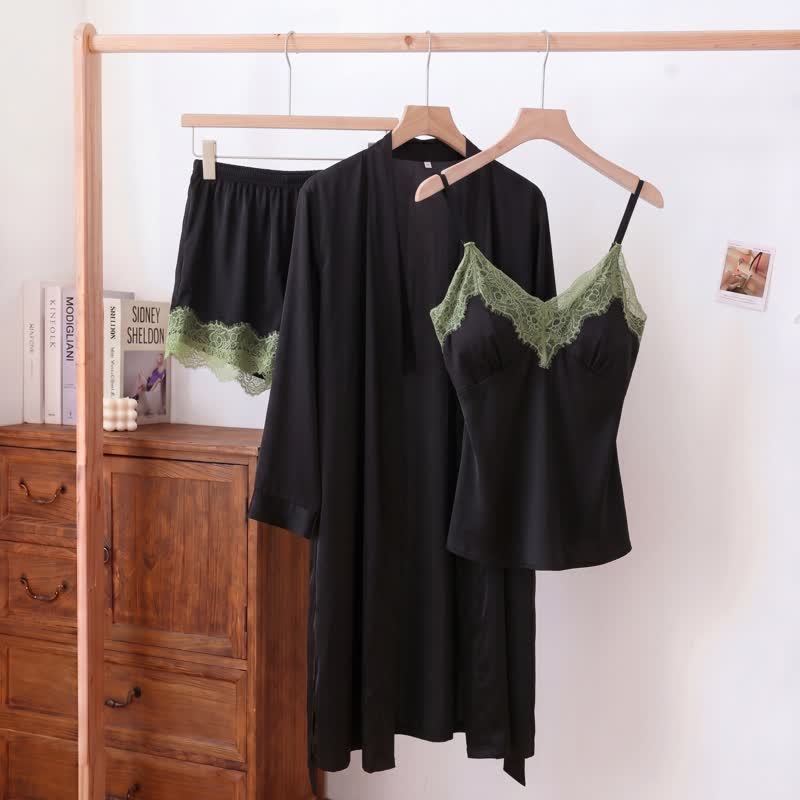 Solid V-Neck Lace Trim Cami Pajama Set(3PCS)