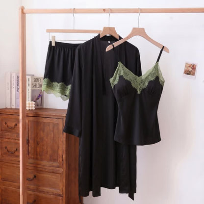 Solid V-Neck Lace Trim Cami Pajama Set(3PCS)