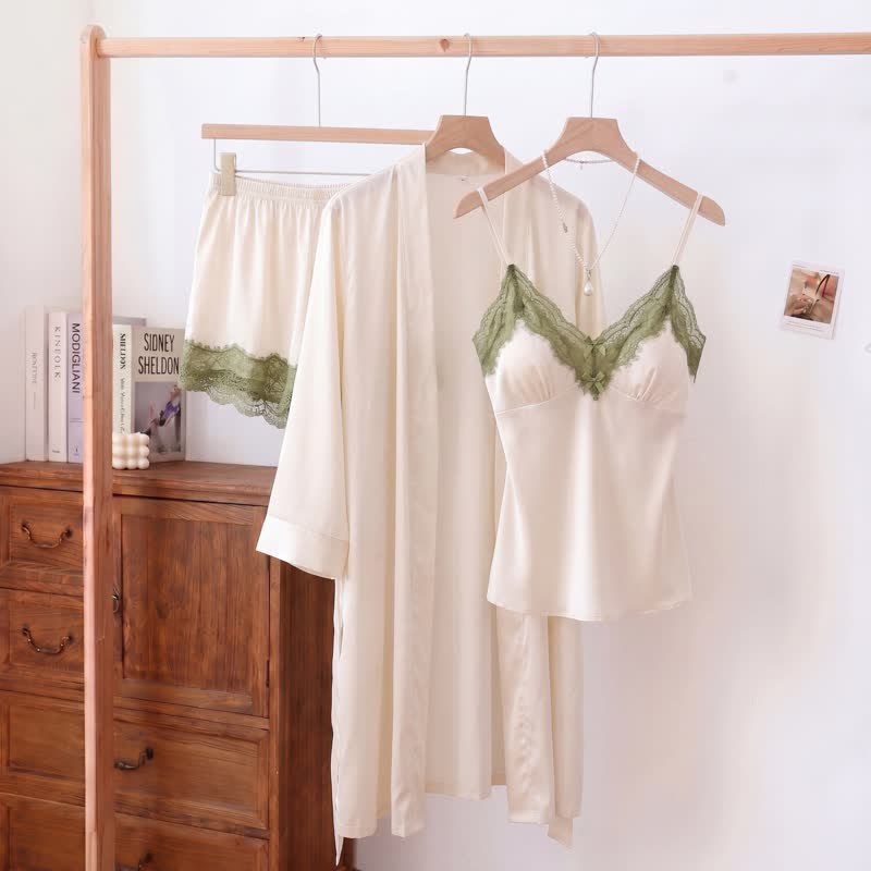 Solid V-Neck Lace Trim Cami Pajama Set(3PCS)