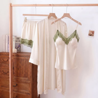 Solid V-Neck Lace Trim Cami Pajama Set(3PCS)
