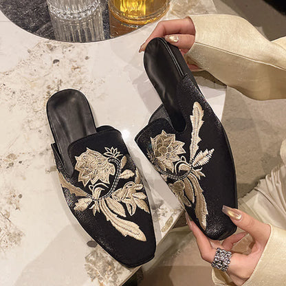 Elegant Floral Embroidery Pointed-Toe Mules