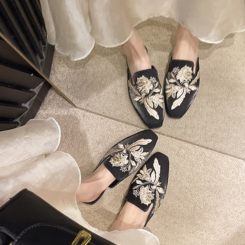 Elegant Floral Embroidery Pointed-Toe Mules