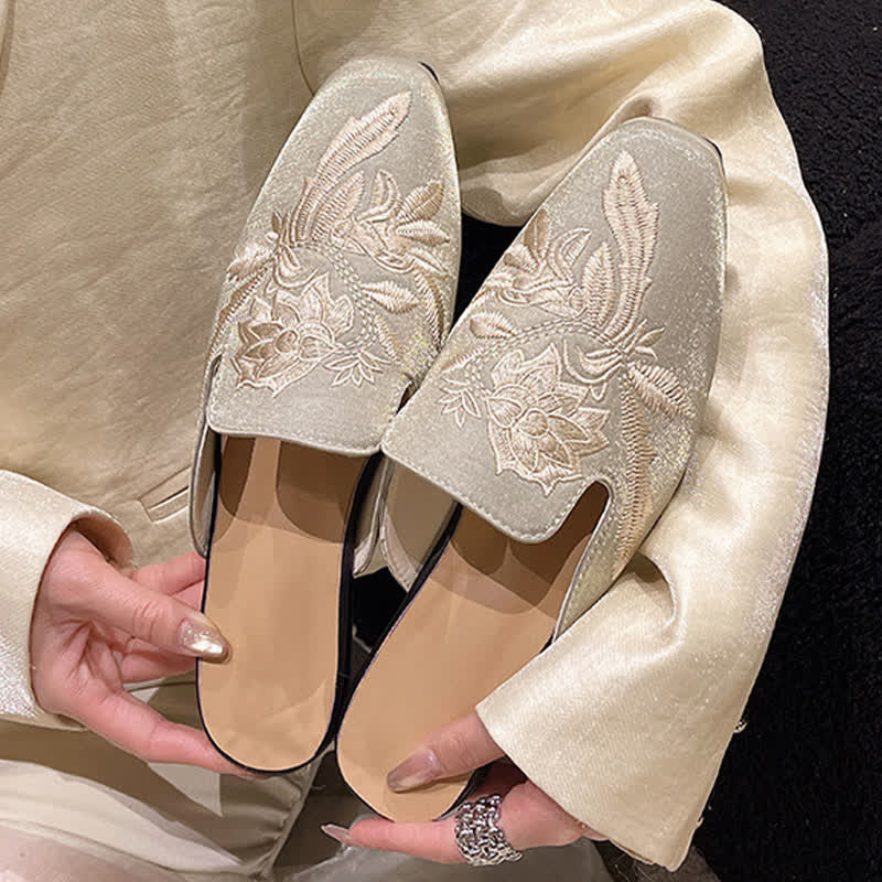 Elegant Floral Embroidery Pointed-Toe Mules