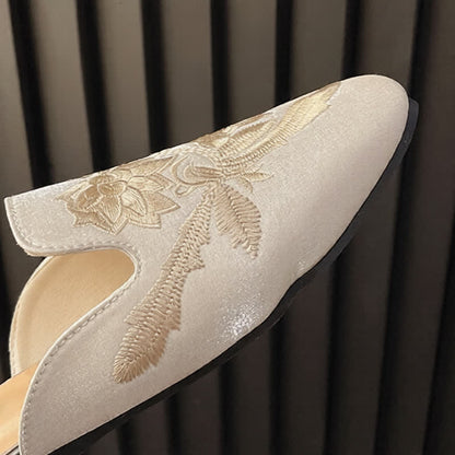 Elegant Floral Embroidery Pointed-Toe Mules
