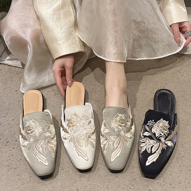 Elegant Floral Embroidery Pointed-Toe Mules