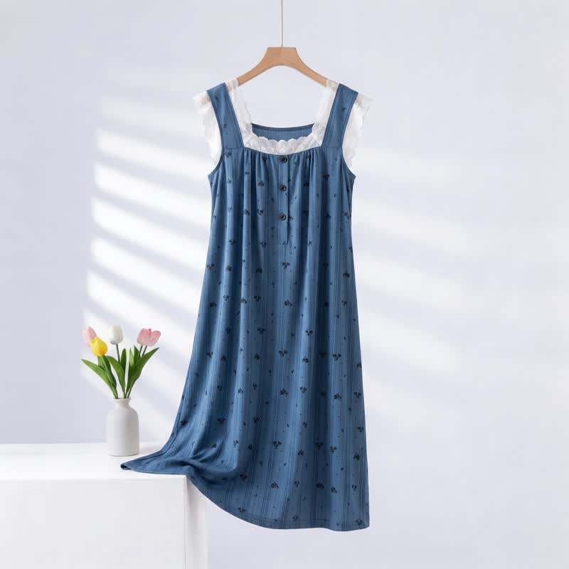 Striped Floral Cotton Lace Sleeveless Nightgown