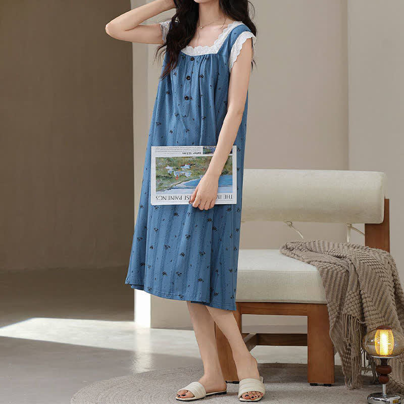 Striped Floral Cotton Lace Sleeveless Nightgown