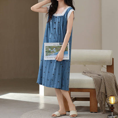 Striped Floral Cotton Lace Sleeveless Nightgown