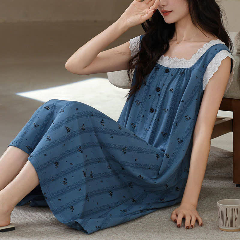 Striped Floral Cotton Lace Sleeveless Nightgown
