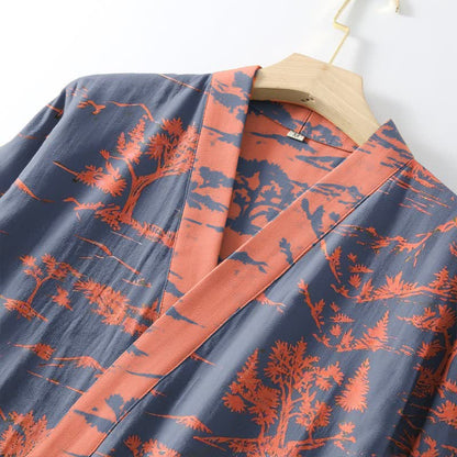 Unisex Mountain & Tree Cotton Gauze Kimono Robe