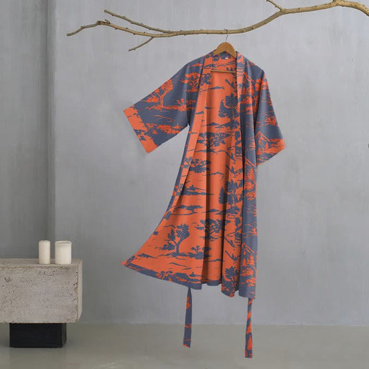 Unisex Mountain & Tree Cotton Gauze Kimono Robe
