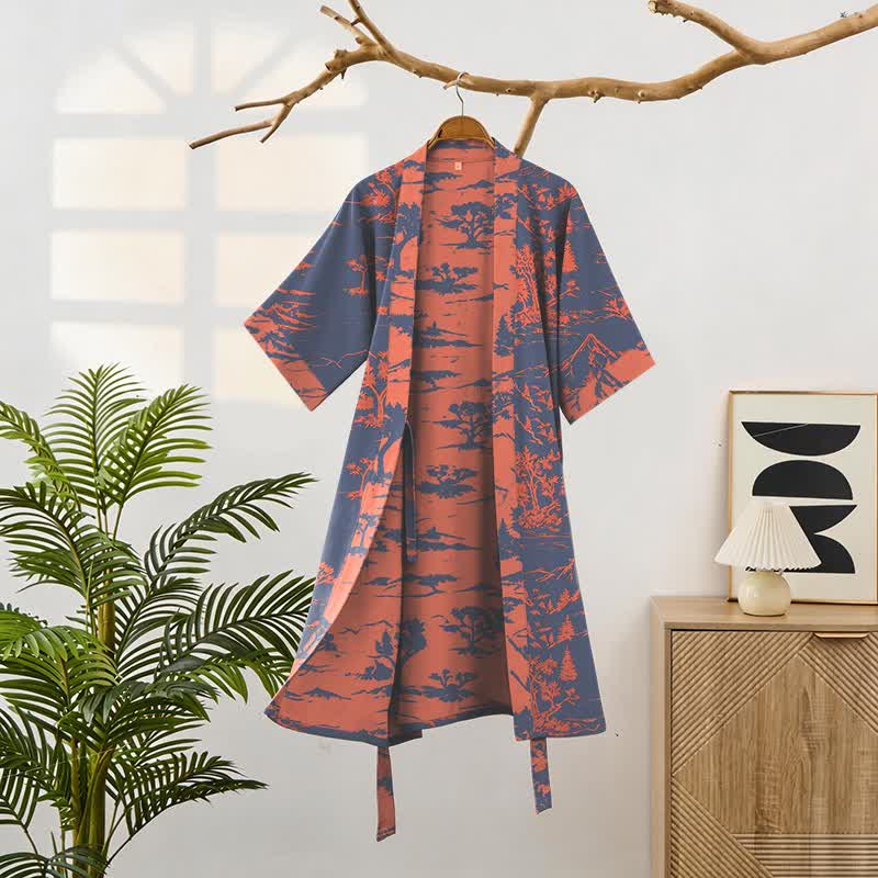 Unisex Mountain & Tree Cotton Gauze Kimono Robe