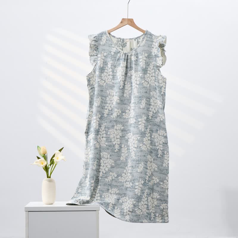 Elegant Botanical Pure Cotton Sleeveless Nightgown