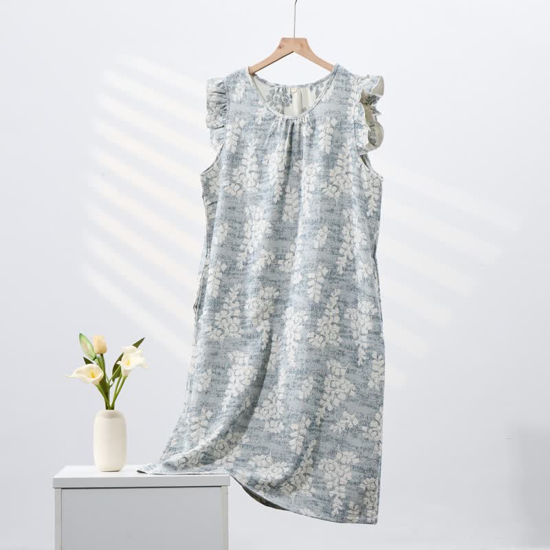 Elegant Botanical Pure Cotton Sleeveless Nightgown