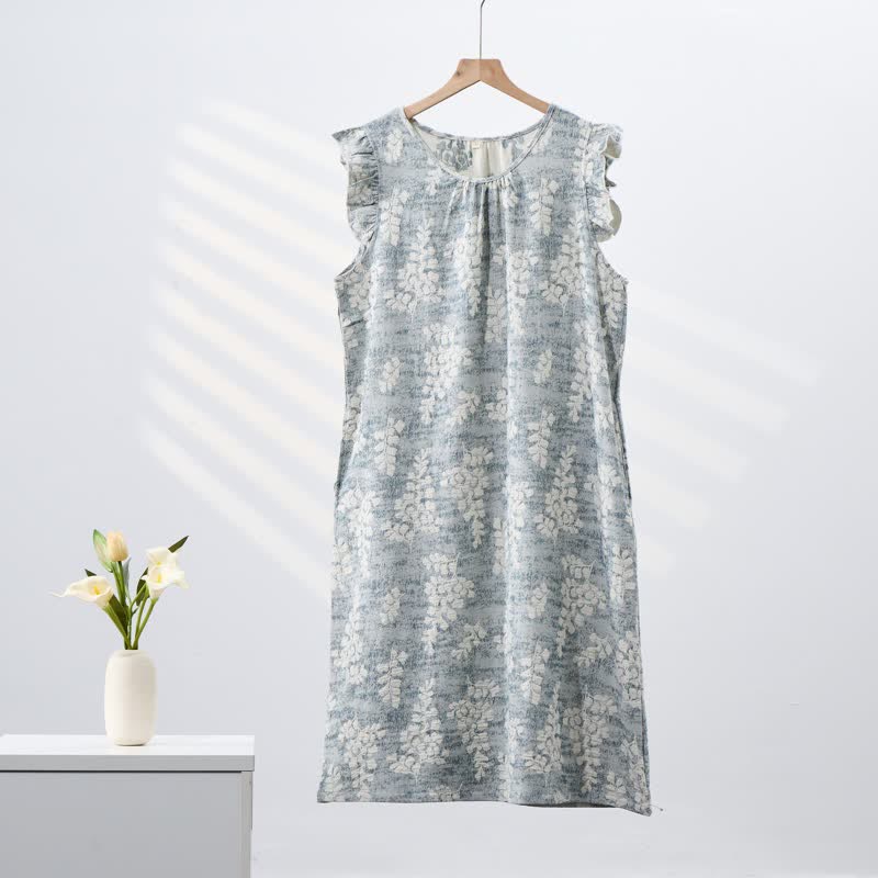 Elegant Botanical Pure Cotton Sleeveless Nightgown