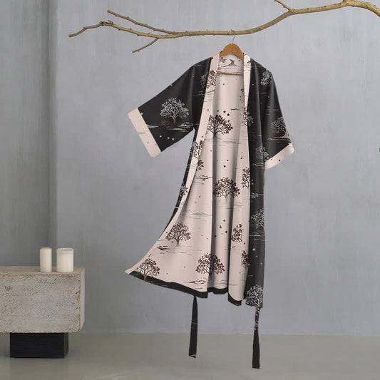 Unisex Charcoal Tree Cotton Kimono Robe