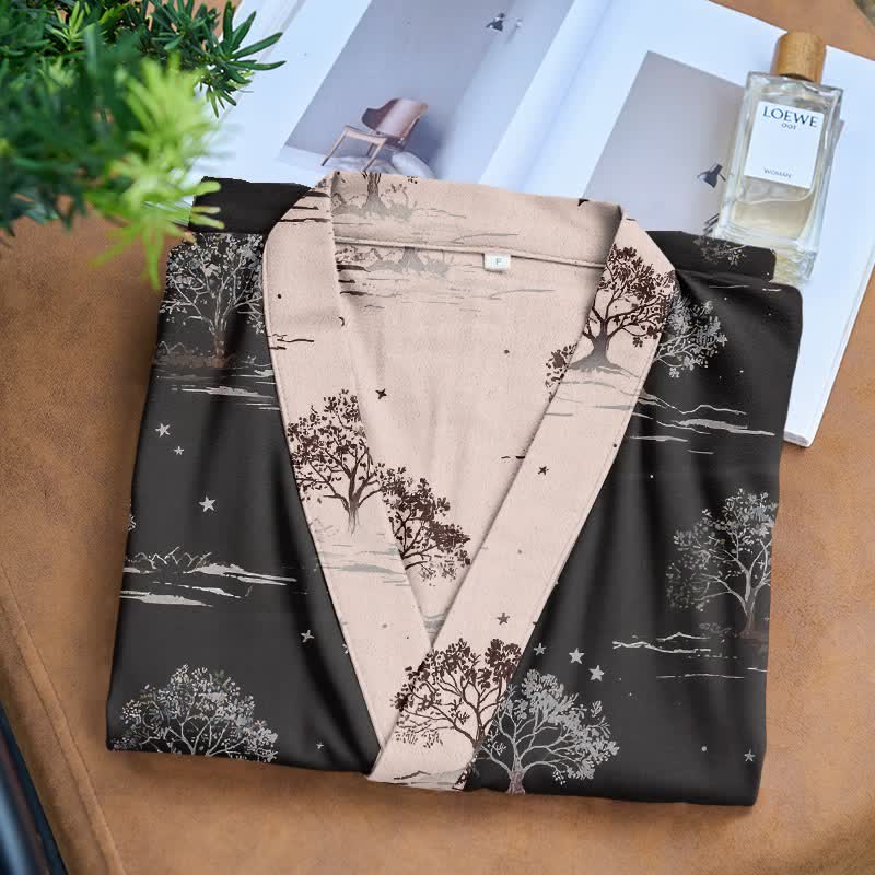 Unisex Charcoal Tree Cotton Kimono Robe