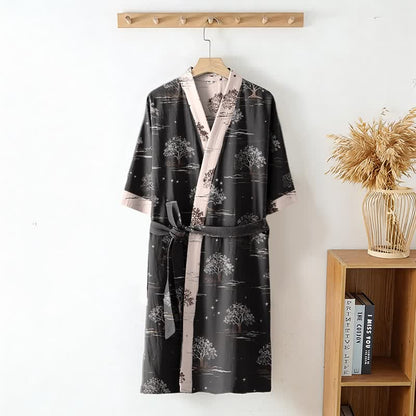 Unisex Charcoal Tree Cotton Kimono Robe
