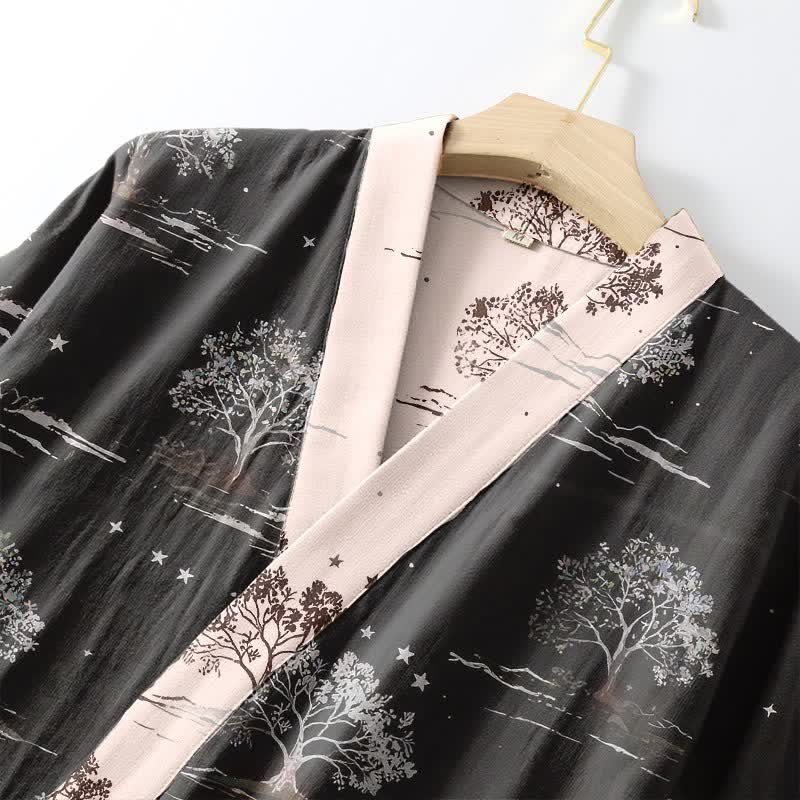 Unisex Charcoal Tree Cotton Kimono Robe