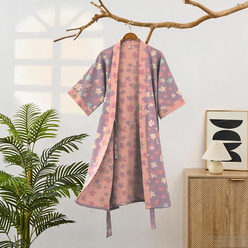Purple Floral Cotton Gauze Kimono Robe
