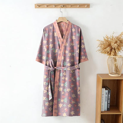 Purple Floral Cotton Gauze Kimono Robe
