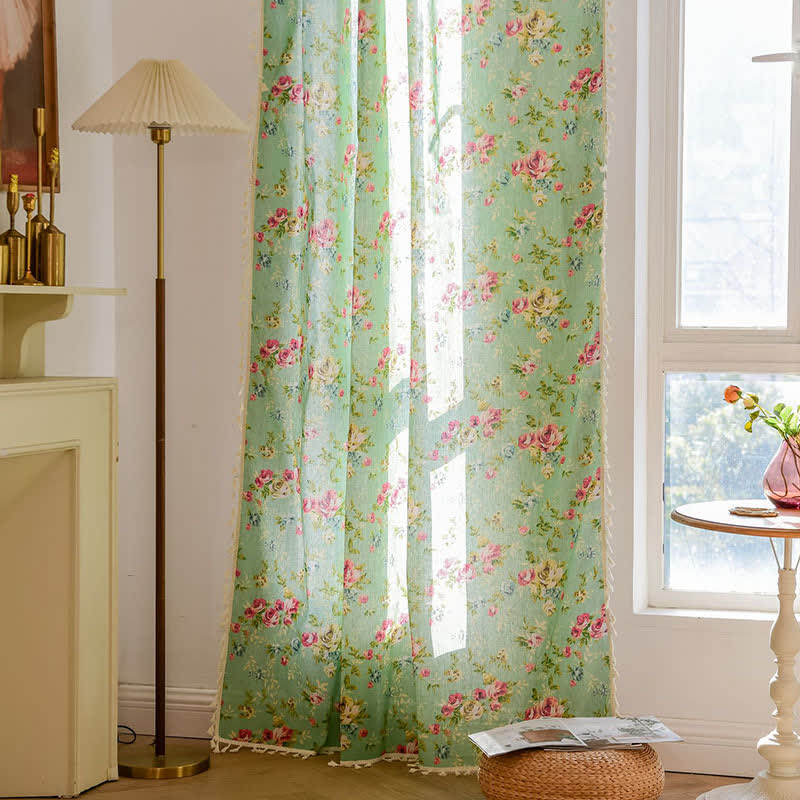 Rustic Green Rose Curtain with Tassel
