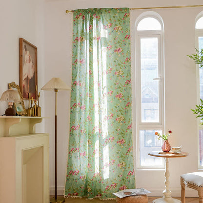 Rustic Green Rose Curtain with Tassel