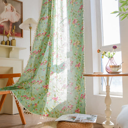 Rustic Green Rose Curtain with Tassel
