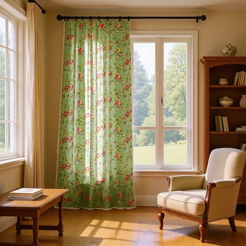 Rustic Green Rose Curtain with Tassel