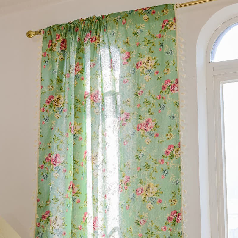 Rustic Green Rose Curtain with Tassel