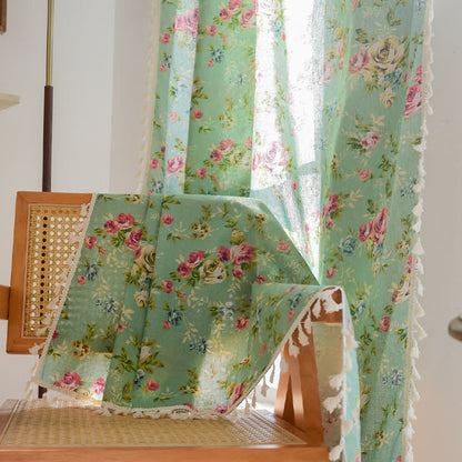 Rustic Green Rose Curtain with Tassel