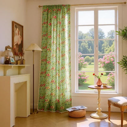 Rustic Green Rose Curtain with Tassel