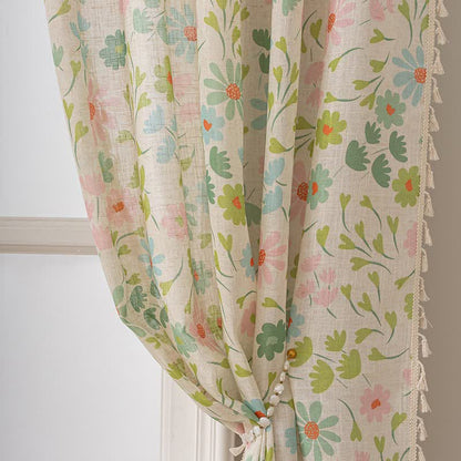 Daisy & Leaf Print Curtain With Tassel